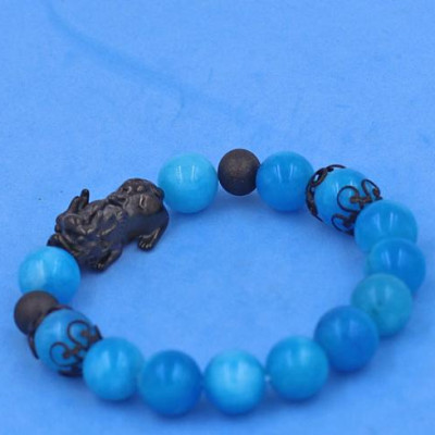 Vòng đeo tay Đá Ngọc Tủy Xanh Biển size 10 ly mix Tỳ Hưu inox phối charm - hợp mệnh Mộc, mệnh Thủy