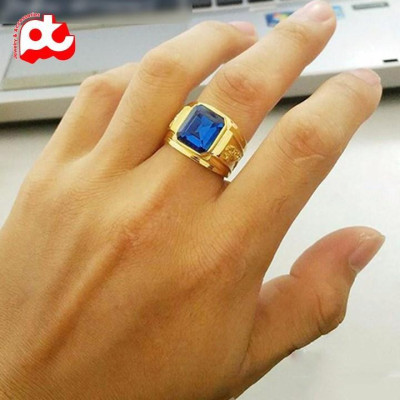 Nhẫn nam titan cao cấp thời trang chạm rồng 2 bên trangsucpt đá xanh dương thép không gỉ PTNNA252