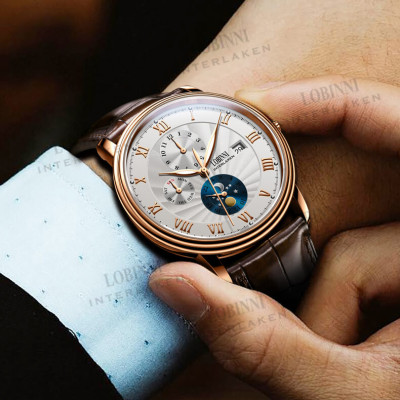 Đồng hồ nam chính hãng LOBINNI Ref.1023-1 (Phiên bản đặc biệt Limited)  Kính sapphire nguyên khối ,chống xước,chống nước 50m,mặt trắng vỏ vàng hồng dây da nâu xịn, thép không gỉ 316L,Đồng hồ cơ (Automatic) bảo hành 24 tháng,thiết kế đơn giản và sang trọng