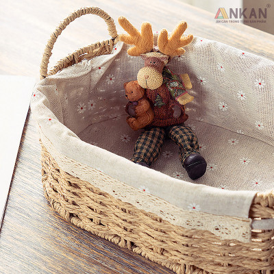 Giỏ Đựng Đồ Ăn Vặt Có Quai Hình Bầu Dục Lót Vải Hoa – Sợi Giấy Cán Mỏng Nhẹ Bền, Dễ Vệ Sinh