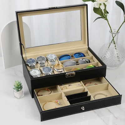 Hộp 2 Tầng Đựng Đồng Hồ, Mắt Kính Và Trang Sức SAIKE SAIKE S633 Vỏ Da Màu Đen