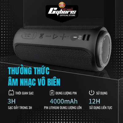 Loa Nghe Nhạc Bluetooth Cyboris S12, Loa siêu Bass, Công suất 30W, Chống nước IPX7, Pin 4000mAh. Hàng Chính Hãng.