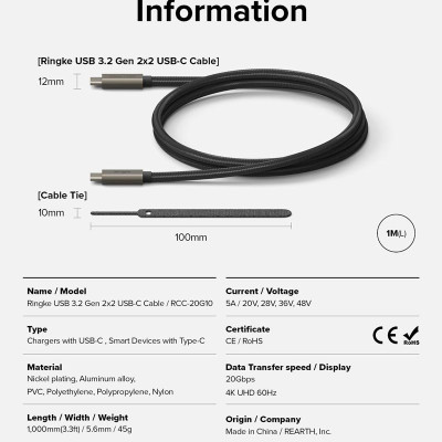 Cáp sạc nhanh 240W cho điện thoại/laptop/tablet RINGKE USB-3.2 Gen 2X2 USB-C Cable - Hàng Chính Hãng
