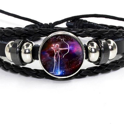 Vòng Đeo Tay Giả Cổ Dây Da Bệt Tết Phong Cách Retro Mặt Vòng Hình 12 Cung Hoàng Đạo Có Thể Điều Chỉnh Độ Rộng