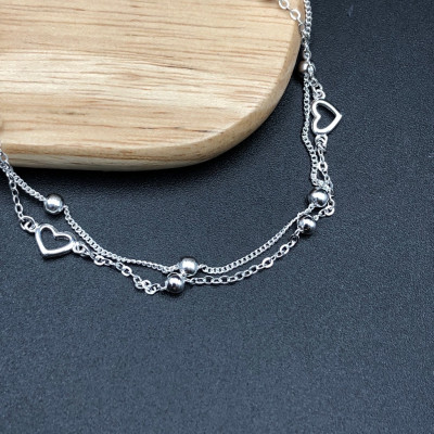 Lắc Chân Nữ Bạc 925 Dây Kép Mix Bi Tròn Bạc Hiểu Minh LC241