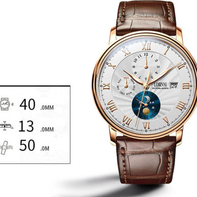 Đồng hồ nam chính hãng LOBINNI Ref.1023-1 (Phiên bản đặc biệt Limited)  Kính sapphire nguyên khối ,chống xước,chống nước 50m,mặt trắng vỏ vàng hồng dây da nâu xịn, thép không gỉ 316L,Đồng hồ cơ (Automatic) bảo hành 24 tháng,thiết kế đơn giản và sang trọng