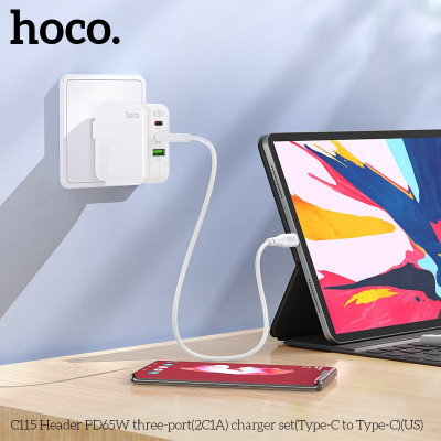 Bộ sạc nhanh 65W chân sạc Typec cao cấp cho điện thoại tiện lợi với 2 cổng type-C, 1 cổng USB an toàn chống cháy nổ - Hàng nhập khẩu