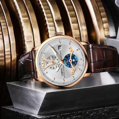 Đồng hồ nam chính hãng LOBINNI L18018-1,Kính sapphire nguyên khối ,chống xước,chống nước 50m,mặt trắng vỏ vàng hồng dây da nâu xịn, thép không gỉ 316L,Đồng hồ cơ (Automatic) bảo hành 24 tháng, hàng mới 100%,thiết kế đơn giản trẻ trung và sang trọng