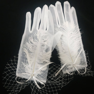 Găng tay trong suốt đính lông vũ, ngọc trai và ren lưới cho Cô dâu và Dạ hội, đi tiệc, sự kiện, lễ hội, chụp ảnh MS: 43750