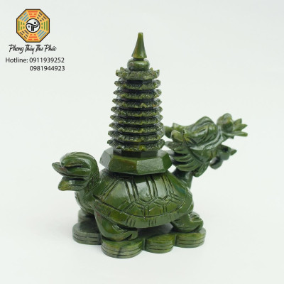 Tượng Long Quy cõng tháp văn xương 9 tầng , đá sarphentine màu xanh,Kích thước cao 18 x 17 x 10 cm, nặng 1,3kg