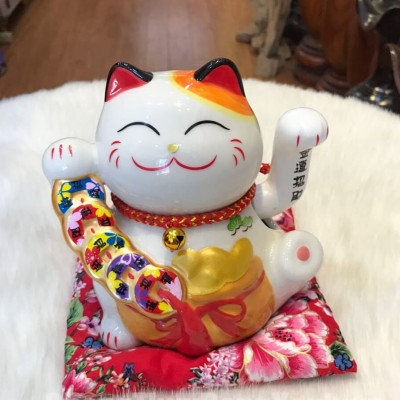 Mèo Thần Tài  Maneki Neko  vẫy tay chiêu tài lộc 16cm bằng gốm sứ - mẫu giao ngẫu nhiên