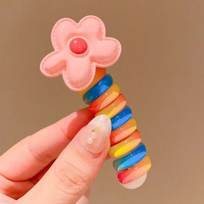 Dây Cột Tóc Dạng Lò Xo Xoắn Tạo Kiểu Màu Cầu Vồng Có Đính Hoa