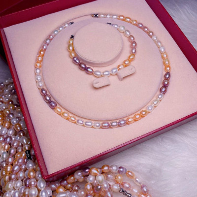 Bộ combo vòng, lắc đeo tay và dây chuyền, chuỗi đeo cổ ngọc trai nuôi màu tứ quý cho nữ