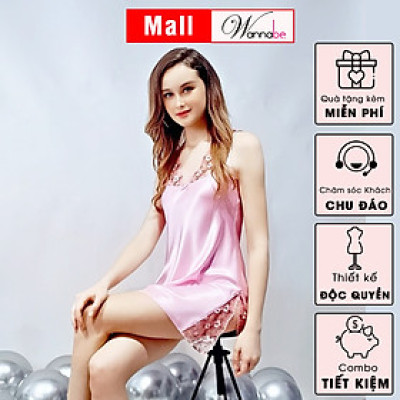 Đầm ngủ phi lụa Wannabe Dns04 cổ phối ren hoa mềm mại, nhẹ nhàng
