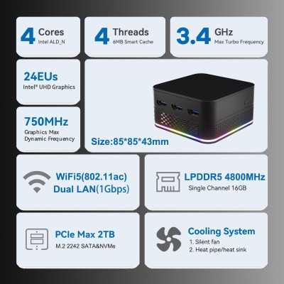 Máy Tính Siêu Nhỏ Ultra Mini T9 PLUS - Intel thế hệ 12 Twin Lake N150 - Hỗ Trợ Xuất Hình 4K 60hz hàng nhập khẩu
