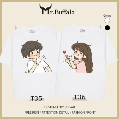 Áo đôi , áo thun cặp nam nữ tay lỡ Unisex cute form rộng vải cotton 100% T35T36 - Mr.Buffalo