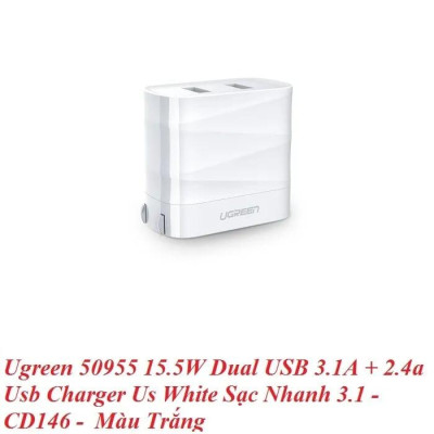 Ugreen UG50955CD146TK Màu Trắng Củ sạc nhanh 2 cổng USB 3.1A + 2.4A US - HÀNG CHÍNH HÃNG