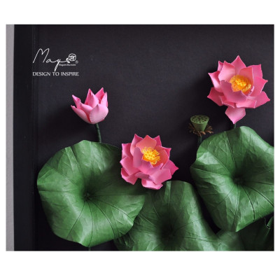 Tranh Hoa Giấy Handmade Trang Trí - Vietnam Hồ sen MAYPAPERFLOWER Khung Gỗ Size 30x40cm