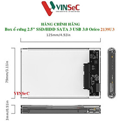 Hộp ổ cứng ORICO 2139U3 2.5" SSD/HDD SATA 3 USB 3.0 trong suốt - Hàng Chính Hãng