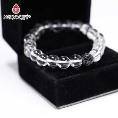 Vòng tay đá thạch anh trắng phối charm hợp kim đen đính đá 8mm mệnh thủy, kim - Ngọc Quý Gemstones