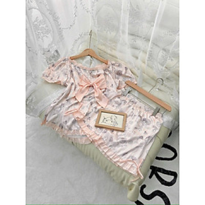 Bộ Đồ Ngủ Hello Kitty Lụa Quảng Châu Cao Cấp Nơ Bèo Tiểu Thư