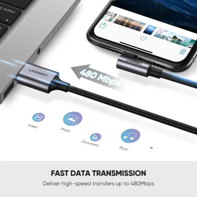 Ugreen UG60521US299TK 1m black usb 2.0a revolution lightning male elbow plug nickel-plated aluminum shell with braided net - HÀNG CHÍNH HÃNG