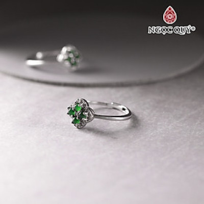 Nhẫn bạc cỏ 4 lá phỉ thú lục đế vương type A hạt 3mm x4 viên mệnh hỏa, mộc - Ngọc Quý Gemstones