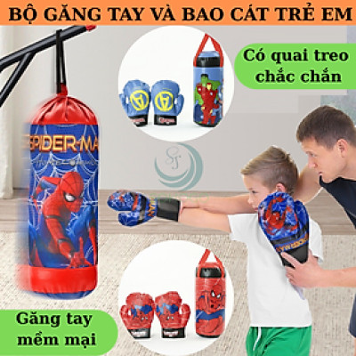 Túi Đấm Bốc Boxing Cho Trẻ Em Hình Người Nhện Đỏ Size Trung 37*18*18 cm, Kèm 2 Găng Tay Cho Bé, Bộ dụng cụ tập Boxing kèm 2 găng tay cho bé- Bộ đấm bốc trẻ em kèm găng tay
