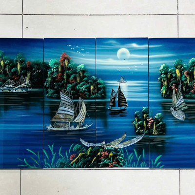 Bộ Tranh sơn mài 4 tấm- THUẬN BUỒM XUÔI GIÓ - Khảm cừ cao cấp size 50x80 cm - Ý Nghĩa Phong Thủy