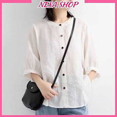 Áo sơ mi nữ form rộng kiểu tay lỡ cổ tròn NeSa Shop, chất liệu Đũi tơ thấm hút mồ hôi, áo sơ mi nữ nhiều màu, SMH.34