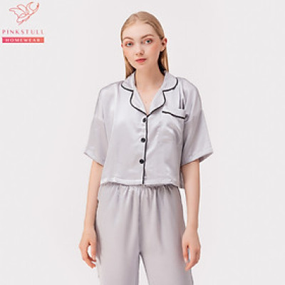 Bộ đồ ngủ pijamas tay ngắn quần dài Pink Stull 3 Màu:xám viền đen,đỏ viền trắng,hồng viền đen