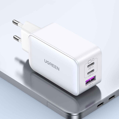 Ugreen UG15334CD244TK 65W 2c1a GaN Nexode chuẩn cắm EU chân tròn Màu Trắng Củ sạc nhanh 2 x USB-C + 1 x USB-A - HÀNG CHÍNH HÃNG