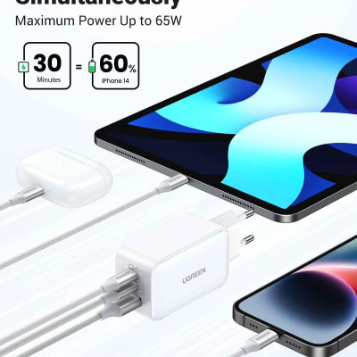 Ugreen UG15334CD244TK 65W 2c1a GaN Nexode chuẩn cắm EU chân tròn Màu Trắng Củ sạc nhanh 2 x USB-C + 1 x USB-A - HÀNG CHÍNH HÃNG