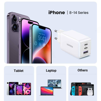 Ugreen UG15334CD244TK 65W 2c1a GaN Nexode chuẩn cắm EU chân tròn Màu Trắng Củ sạc nhanh 2 x USB-C + 1 x USB-A - HÀNG CHÍNH HÃNG