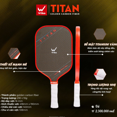 Vợt Pickleball Wi-ka Titan với mặt vợt bằng Titanium vàng siêu bền, tối ưu trọng lượng, kiểm soát bóng tốt - Hàng công ty
