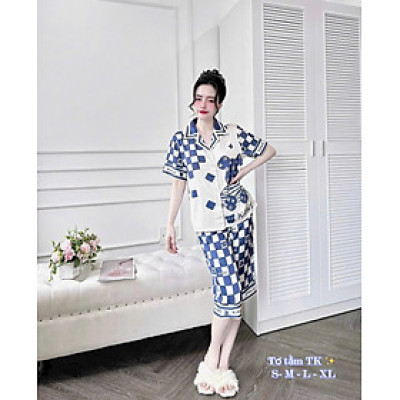 Bộ đồ ngủ lụa  cao cấp cổ vuông bèo nhún tay lỡ quần dài H104