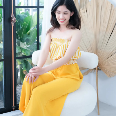 Đồ Bộ Mặc Nhà LMcation - Áo ống Carol màu sọc vàng & Quần váy dài Mila màu vàng