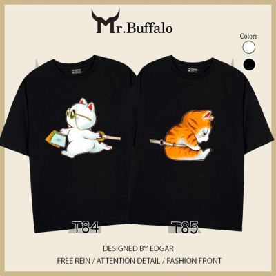 Áo đôi tay lỡ unisex Mèo dễ thương mèo trắng kéo mèo vàng cho cặp đôi Mr.Buffalo
