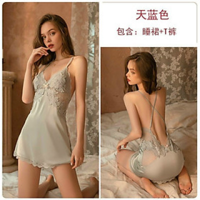 Váy ngủ lụa 2 dây phối ren hàng Quảng Châu chất vải lụa phối ren mềm mát , kiểu dáng 2 dây chéo hở lưng quyến rũ 1170