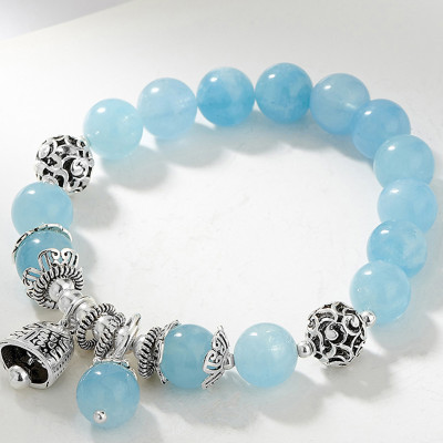 Vòng tay đá Aquamarine phối charm chuông bạc size hạt 10mm mệnh thủy, mộc - Ngọc Quý Gemstones