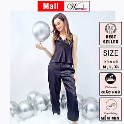 Đồ bộ mặc nhà phi lụa Wannabe, bộ dài bds04 viền ren hoa nữ tính, sang trọng