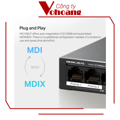 Bộ Chia Mạng Swich PoE Mercusys MS106LP 6 Cổng 10/100Mbps Hỗ Trợ 4 Cổng PoE+ Mỗi Cổng Công Suất 30W Kết Nối Lên Đên 250 Mét - Hàng Chính Hãng