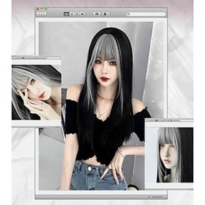 Tóc giả thẳng đen omber bạc 