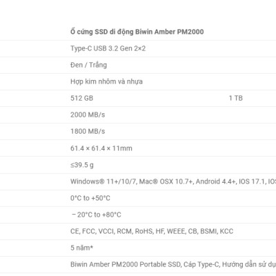 Ổ cứng di động SSD BIWIN Amber PM2000 512GB / 1TB, USB 3.2 Gen 2×2 bảo hành 5 năm Hàng chính hãng