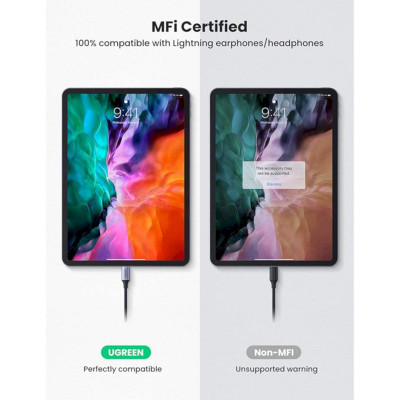 Ugreen 70953 25CM Màu Xám Cáp chuyển đổi âm thanh USB Type-C sang cổng tai nghe Light-ning Hỗ trợ Mic cho iPad Pro Air 5 MacBook Ugreen US342 - Hàng Chính Hãng