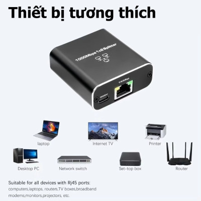 Bộ chia mạng LAN từ 1 cổng ra 2 thiết bị sử dụng cùng lúc tốc độ 1000Mbps, nguồn 5v - Hàng Nhập Khẩu