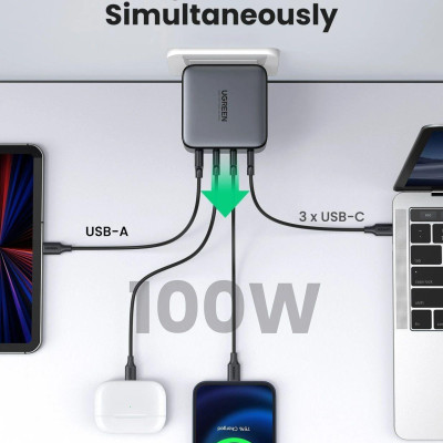 Ugreen UG40737CD226TK 100W US PD3.0 GaN màu đen 3C + 1A sạc siêu nhanh 4 cổng 3 x usb type C và 1 x A chân cắm dẹp - HÀNG CHÍNH HÃNG