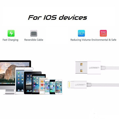 Ugreen UG80313US155TK 50CM màu trắng cáp Lightning ra Usb 0.5M mạ nickel chống nhiễu có chíp MFI chính hãng - HÀNG CHÍNH HÃNG