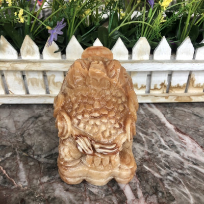 Tượng Cóc Ba Chân, Cóc Ngậm Tiền, Thiềm Thừ phong thủy chiêu tài lộc đá cẩm thạch vân gỗ - Dài 9 cm