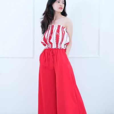 Đồ Bộ Mặc Nhà LMcation - Áo ống Carol màu sọc nơ đỏ & Quần váy dài Mila màu đỏ